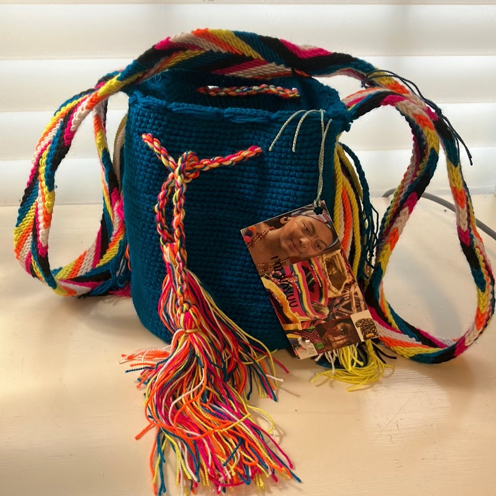 Wayuu small Mochila bags Handmade Dark aqua Blue and multi-colored strap